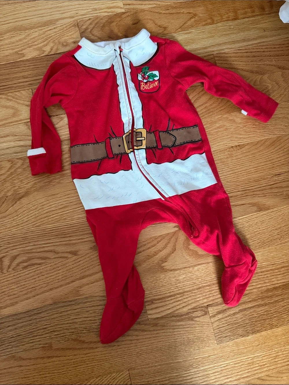 Old Navy Red Santa Belt Holiday Footed One-Piece 0-3M